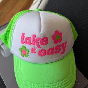 Neon Green and White 'Take It Easy' Trucker Hat with Pink Foam Letters